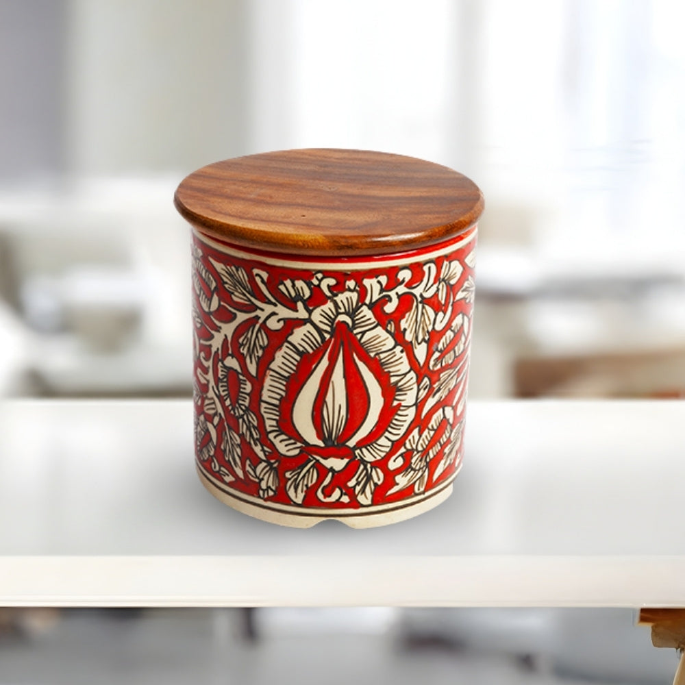 kalamkari red circular ceramic canister set of 2 cylindrical storage jars with wooden lid for kitchen storage